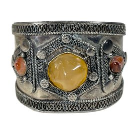 Silver Tone Ethnographic Cuff Bracelet With Stones