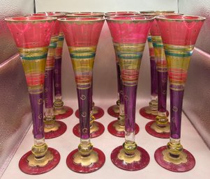 12 Pier 1 Bohemian Colorful Trumpet Style Champagne Glasses  - Handblown & Painted