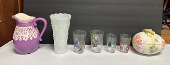 Designed Jug, Milk Glass Vase, Easter Egg, Different Types Of Four Shots Glasses. KSS/C4