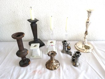 10 Candle Holders, Glass, Porcelain, Wood & Metal