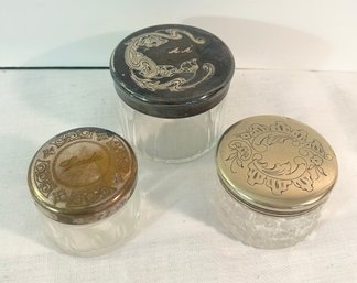 Lot Of 3 Vintage Decorative Glass & Metal Top Jars