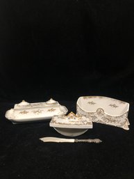 Vintage Porcelain Desk Set Ink Well, Rocking Blotter & Letter Rack