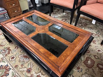 Asian Coffee Table With Lacquered Bottom - Top Is Brown With 4 Beveled Glass Panels