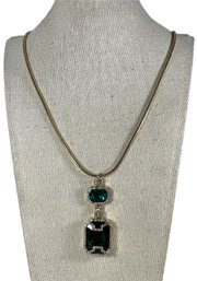 White House Black Market Elongated Gold Tone Chain Necklace Rhinestone Pendant Green