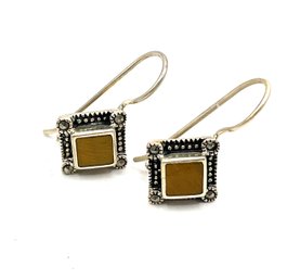 Vintage Sterling Silver Marcasite And Brown Inlay Stone Earrings