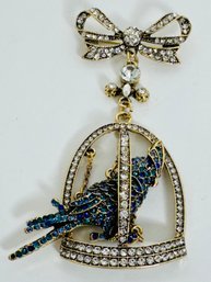 LARGE BEAUTIFUL BLUE PARROT OR COCKATOO RHINESTONE IN CAGE BROOCH