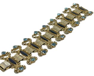 Great Costume Gold Tone Black Enamel Blue Rhinestone Bracelet Large