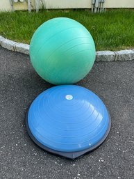 A Gaim Inflatable Exercise Ball & A Bosu Half Moon Balance Trainer