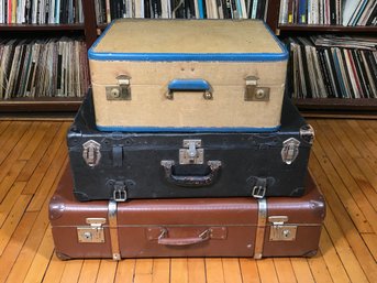 Three Large Vintage Suitcases - Assorted Colors And Styles - Great Display Pieces - Larger Scale Sizes