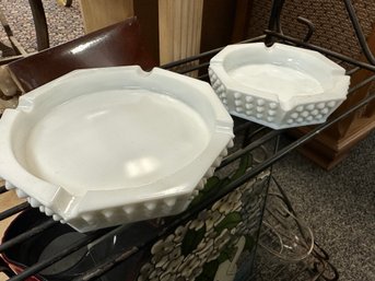 2 Vintage Fenton  Milk Glass Ashtrays With Hobnail Sides And Bottoms