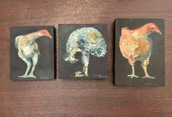 Small Oil On Wood Signed Chicken Paintings By Patti Hirsch (American, 1935-2023) Gallery Total Price $1350