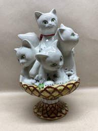 Basket Of Cats. Ceramic, China, Porcelain Basket Of (7) Cats. Made In Italy. Stands 11 1/2' Tall.