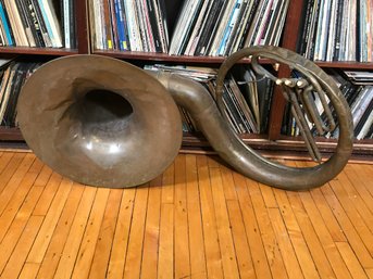 Enormous Large Antique Brass Tuba For Display Only - Tons Of Great Patina - Unusual Large Piece !