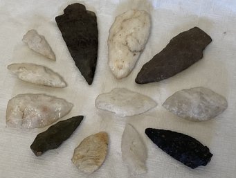 Grouping Of 12 Antique/ Neolithic Native American Points- Granite And Quartz