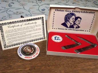 Very Cool Collectible CHEROKEE Pocket Knife Set Made For Clinton - Gore Victory In 1993 - Plus Large Button