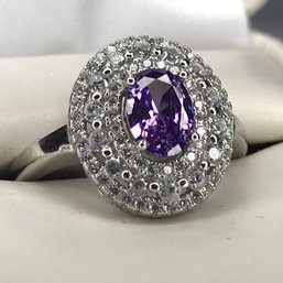 Beautiful Brand New - 925 /  Sterling Silver Ring With Amethyst Encircled With Two Rows Of White Zircons
