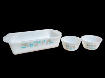 Fire King Atomic Blue Heaven Lot: Loaf Pan & 2 Custard Cups Ex