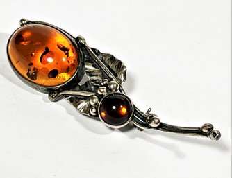 Hand Crafted Sterling Silver Floral Formed Brooch Having Genuine Amber Stones