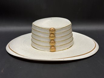 Vintage Ladies Fashion Hat: Wide-Brimmed Cream Straw With Gold Detailing