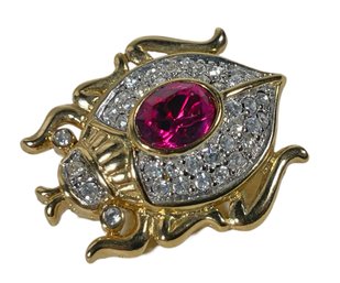 Vintage Gold Tone Rhinestone Scarab Bug Brooch W Pink Stone