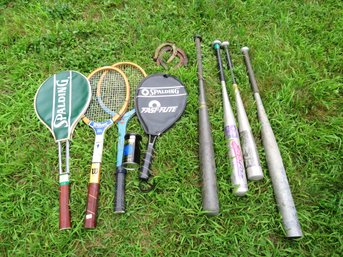 Vintage Sporting Goods Tennis Raquets Bats And Horseshoes