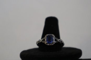 925 Sterling Silver With Blue Center Stone And Clear Stones Ring Size 10 Marked STS Chuck Clemency