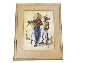 Signed &  Framed Under Glass, Image Of A Woman Carrying A Baby On Her Back Talking To A Man