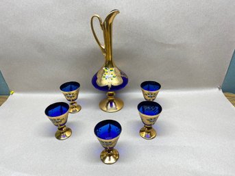 Venetian 18K Gold Murano Hand Blown Blue Glass Pitcher And (5) Glasses. Beautiful Condition.