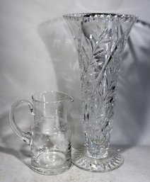 Large Fine Cut Glass Footed Vase 14 1/2' Tall And Pitcher