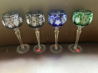 Set Of 4 Hungarian Colired Crystal Glasses