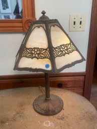 A SIGNED VICTORIAN SLAG GLASS LAMP