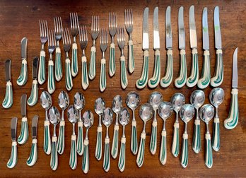 Mid Century Ceramic Handled 44 Piece Silverware Set By The Clement Company, Northhampton, MA