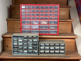 Three Hardware Organizer Cabinets In Plastic With Little Drawers