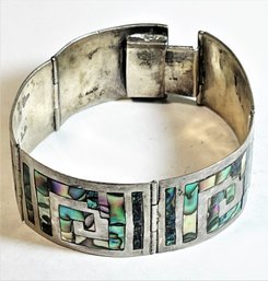 Mexican Sterling Silver Bracelet Having Abalone Shell Greek Key Inlay