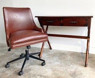 A Lovely Mahogany Desk With A Faux Bamboo Trestle Base And Modern Streamline Leather Executive Chair