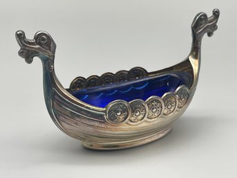 Sterling Viking Boat With Cobalt Glass Insert.