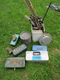 Vintage Fishing Supplies Rods Reels Bucket And Tackle Boxes