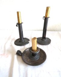 Three Primitive Push Up Tin Candle Chamber Stick Holders