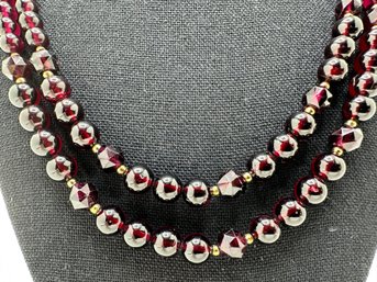 2 Strand Burgundy Stone Beaded Necklace With G Silver Clasp, Japan