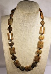 Jasper Agate Stone Beaded Necklace Gold Tone Clasp 18' Long