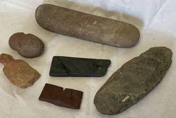 Superb Grouping Of Antique To Neolithic Native American Artifacts- Mano Stones, Scrapers, Grooved Axe, Gorgets