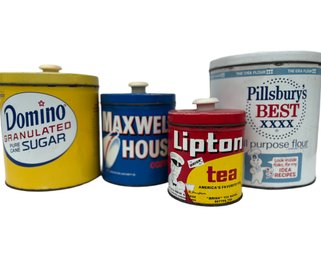 Vintage JL Clark Advertising Tin Canister Set - Pillsbury Flour, Domino Sugar, Maxwell House Coffee, Lipton Te