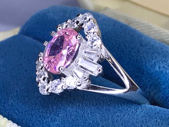 Gorgeous Brand New - 925 / Sterling Silver Ring With Pink Tourmaline And White Zircon Accent Stones - Nice !