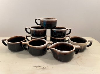 Vintage Pfaltzgraff 'Gourmet Brown' Flat Cups (Set Of 7) With Creamer & Sugar