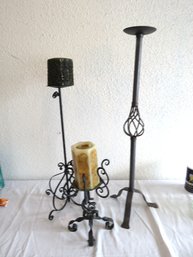 Three Ornate Wrought Iron Floor Candle Stick Holders