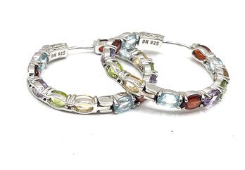 Gorgeous DK Designer Sterling Silver Multi Color Gemstone Hoop Earrings