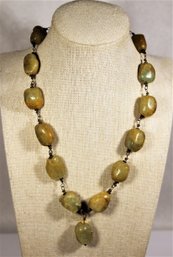 Green Hard Stone Beaded Necklace Having Silver Clasp 16' Long