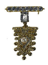 Contemporary Gold Tone Pendant Brooch W White Rhinestones