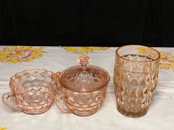 Jeannette Glass Windsor Pink Depression Glass Pieces Including Sugar Bowl With Lid