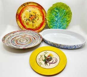 5 Platters, Wood, Coiled Paper & Ceramic, Some Vintage
